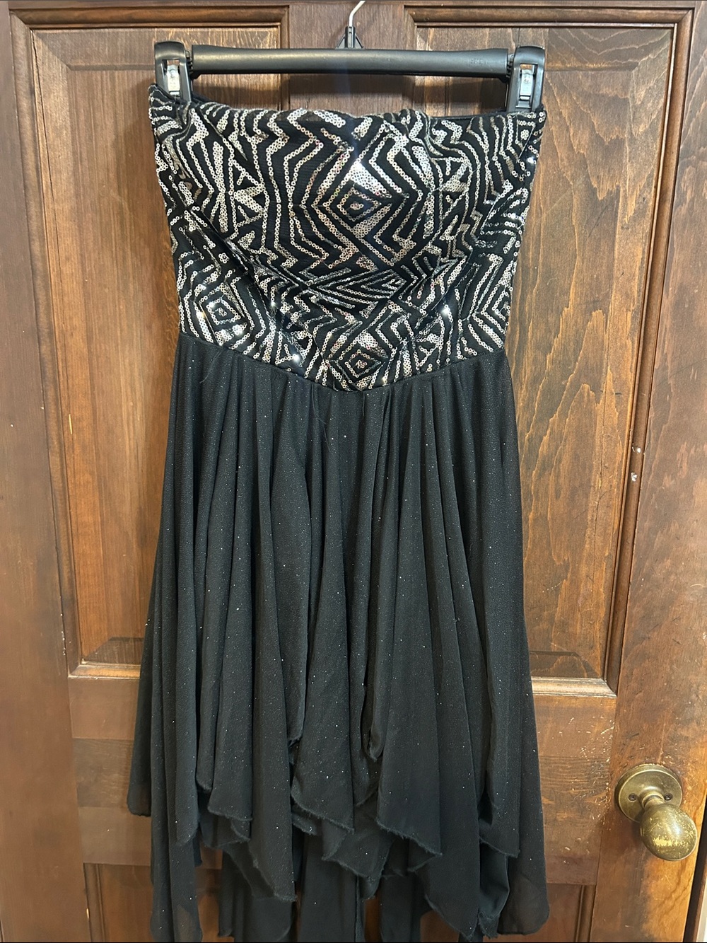 Love Reign Black Strapless Dress with Silver Sequin Geometric Bodice
Size 3